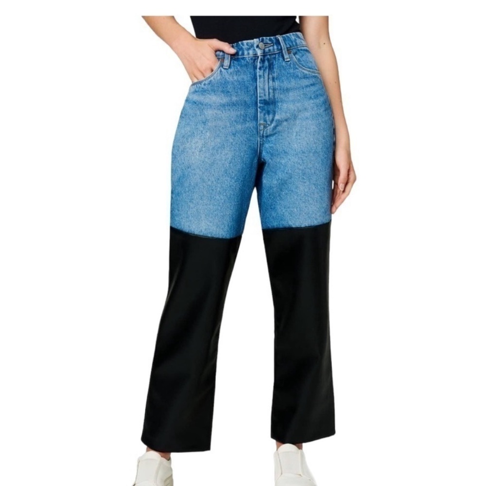 Blank nyc ribcage straight leg denim faux leather blue light pants